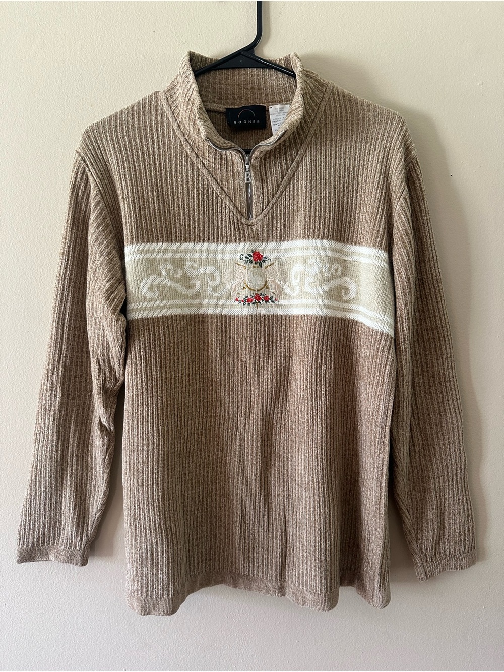 Rare Rainbow Tag Bogner 80s/90s Quarter Zip Embroidered Monogram Sweater, Sz M